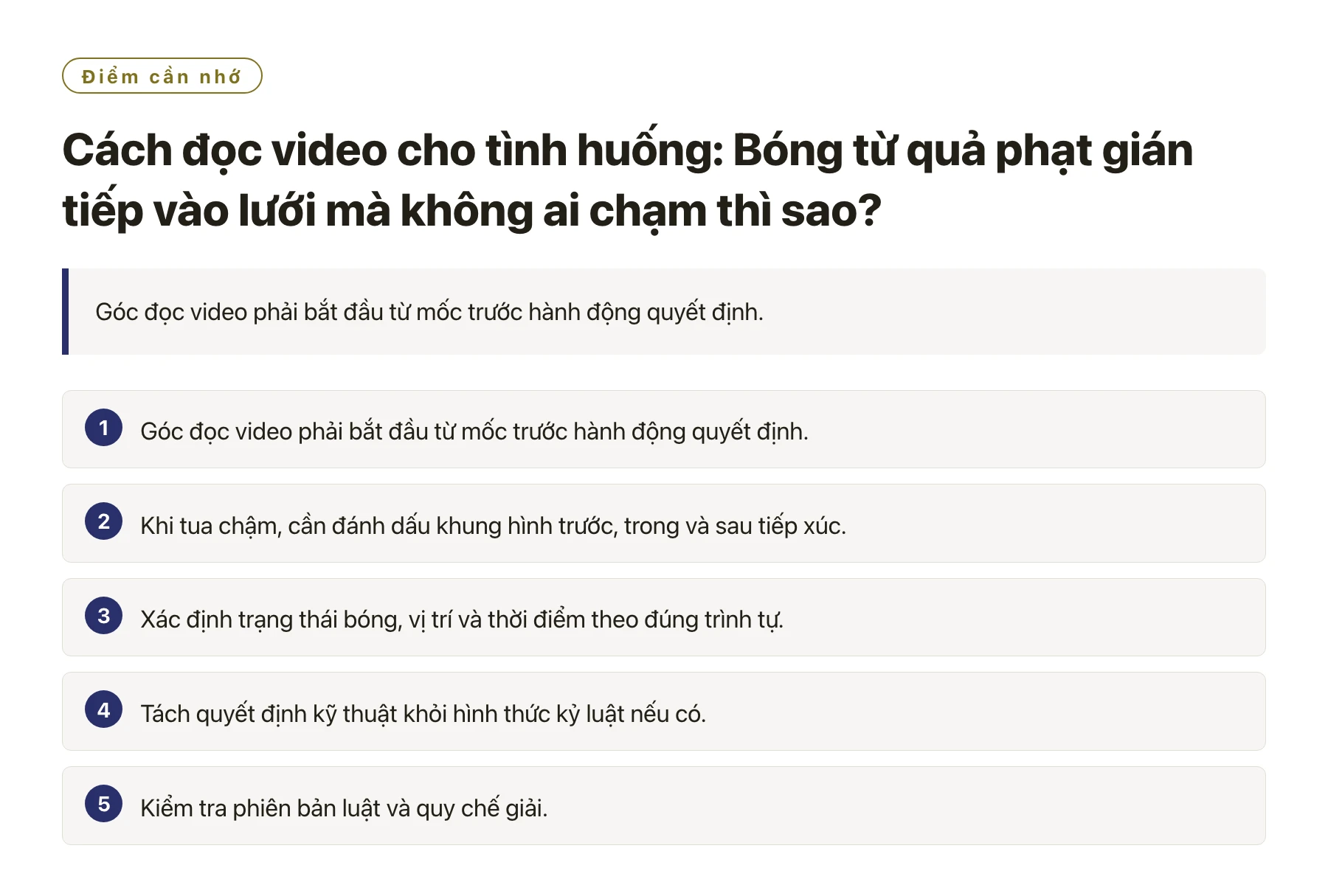 Cách đọc video cho tình huống: Bóng từ quả phạt gián tiếp vào lưới mà không ai chạm thì sao?——全文要点速览